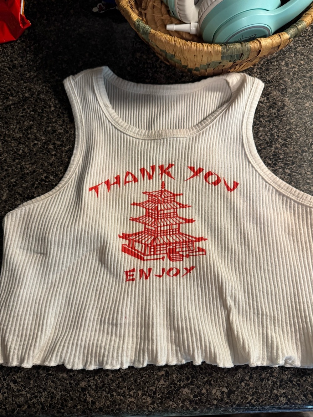 White Ribbed Crop Tank with Red 'Thank You Enjoy' Graphic